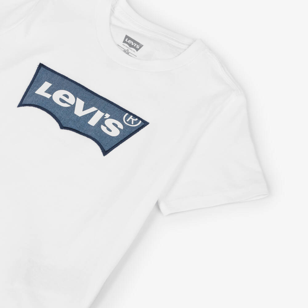 Levi's-Boys White Cotton T-Shirt with Blue Denim Batwing Logo | Childrensalon