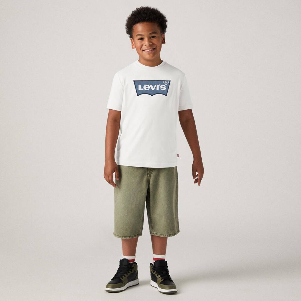 Levi's-Boys White Cotton T-Shirt with Blue Denim Batwing Logo | Childrensalon