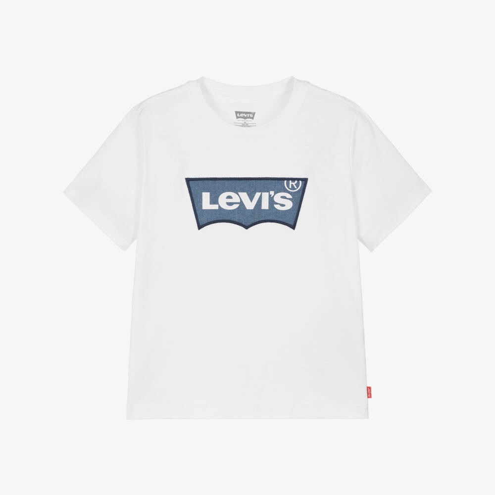 Levi's-Boys White Cotton T-Shirt with Blue Denim Batwing Logo | Childrensalon