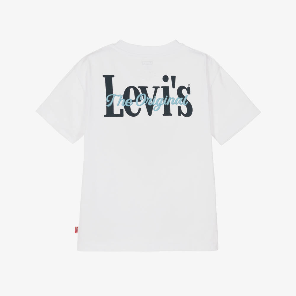 Levi's-Boys White Cotton T-Shirt with Blue Embroidered Logo | Childrensalon