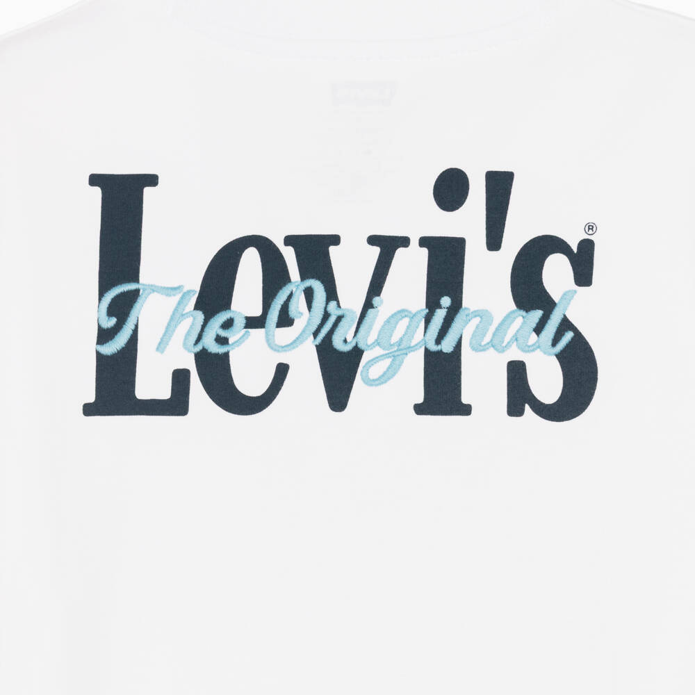 Levi's-Boys White Cotton T-Shirt with Blue Embroidered Logo | Childrensalon