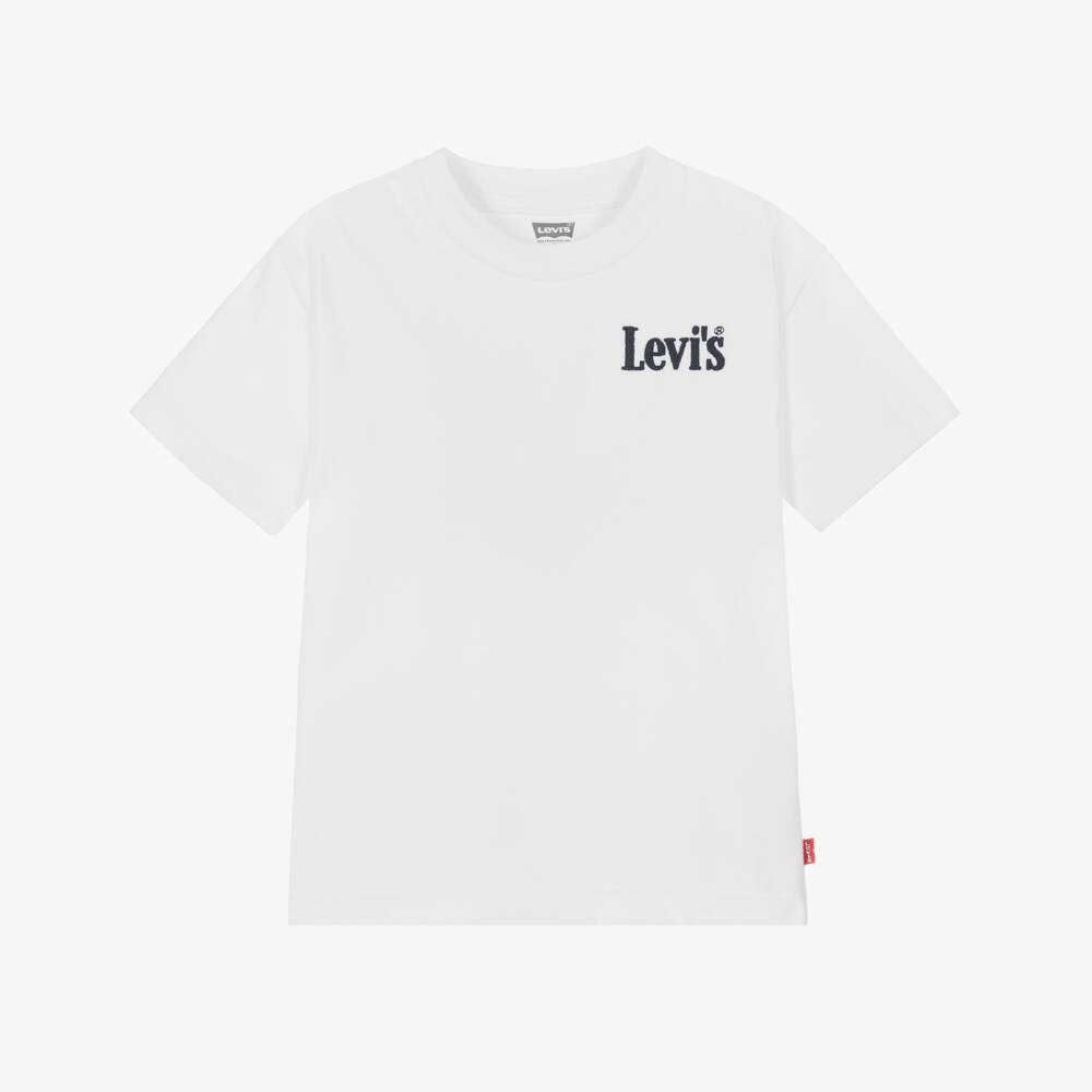 Levi's-Boys White Cotton T-Shirt with Blue Embroidered Logo | Childrensalon