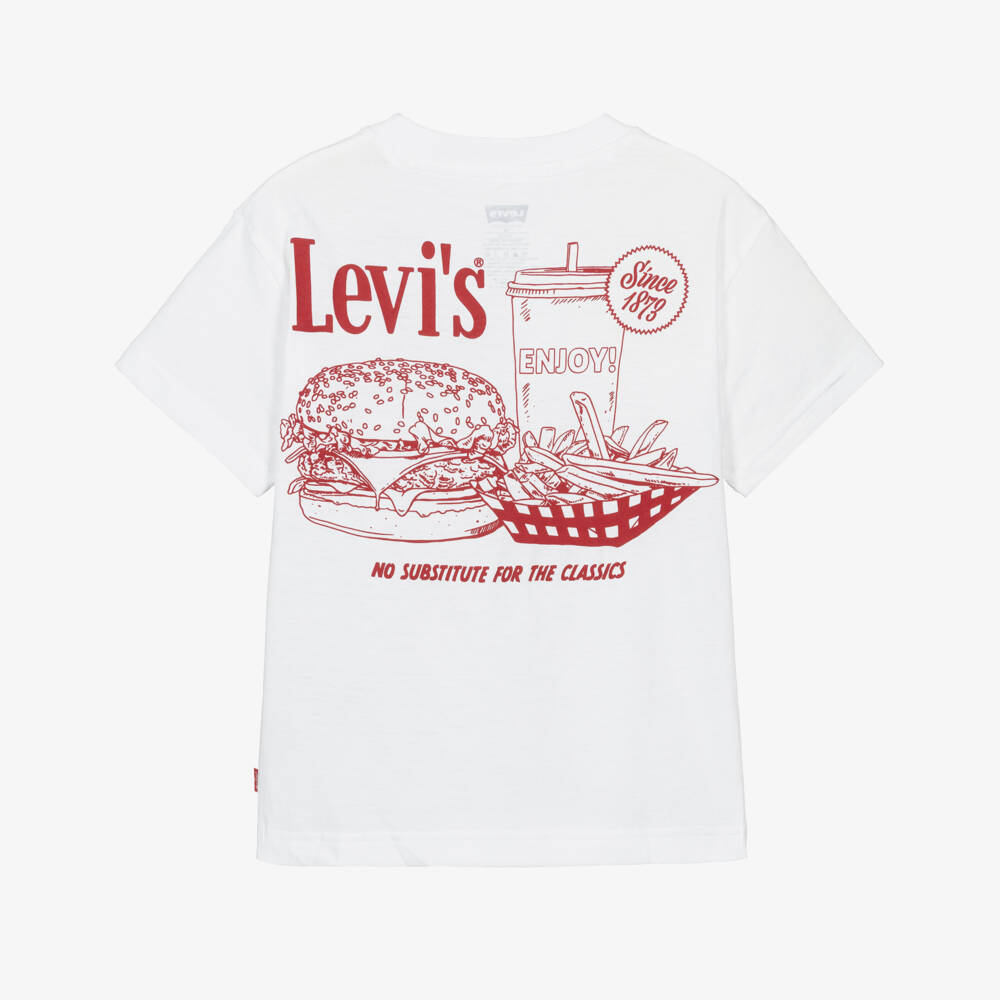 Levi's-Boys White Cotton T-Shirt with Red Burger Logo | Childrensalon