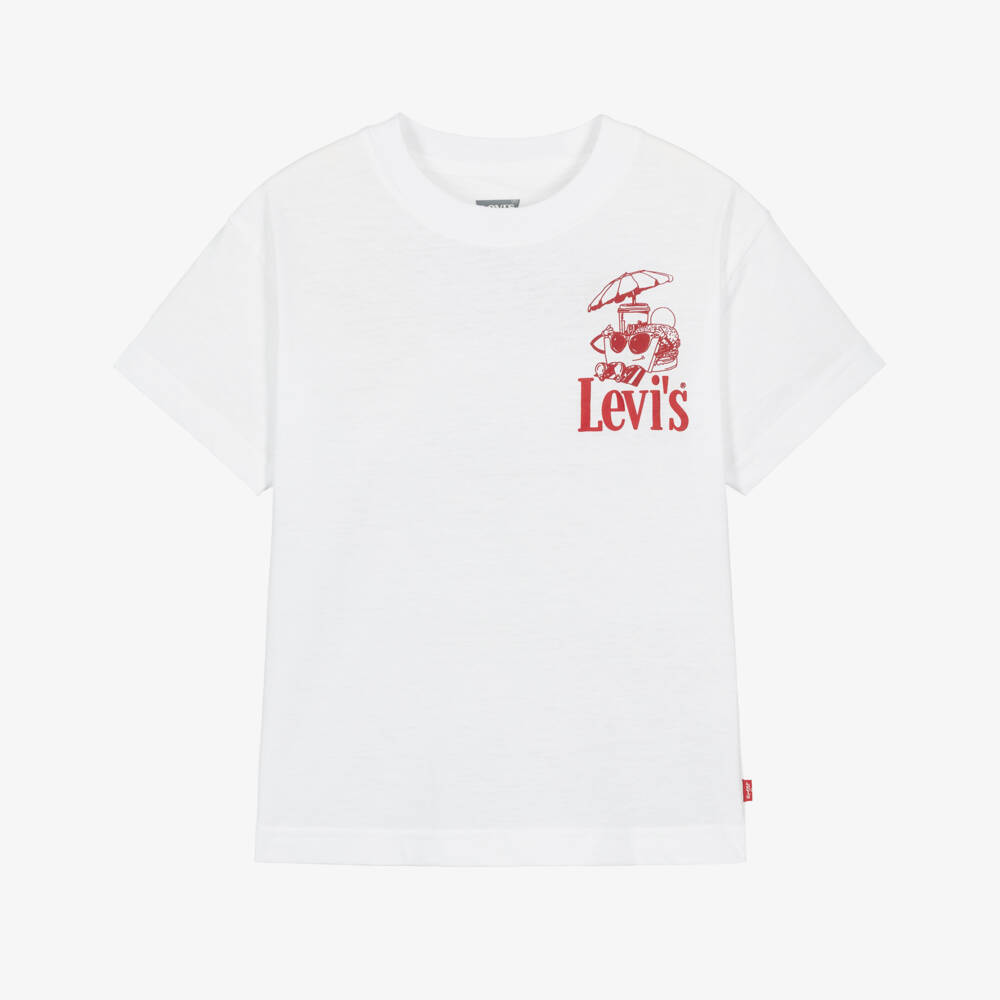 Levi's-Boys White Cotton T-Shirt with Red Burger Logo | Childrensalon