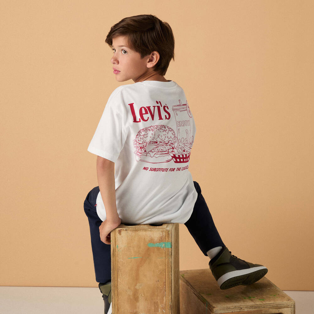 Levi's-Boys White Cotton T-Shirt with Red Burger Logo | Childrensalon