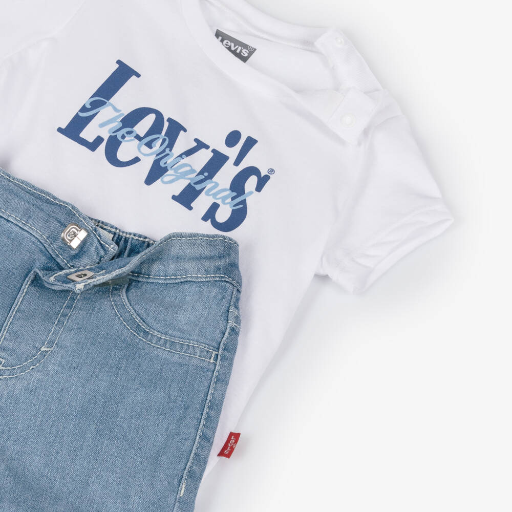 Levi's-Boys White Logo T-Shirt & Blue Denim Shorts Set | Childrensalon