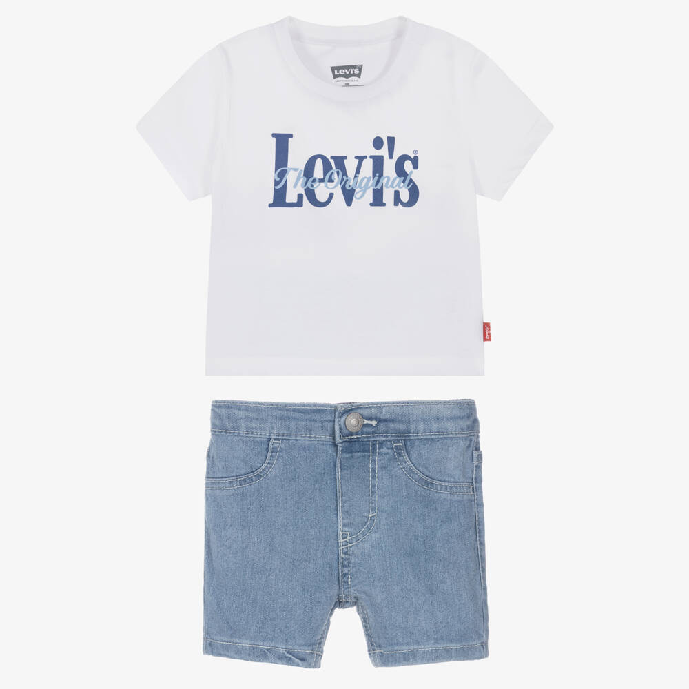 Levi's-Boys White Logo T-Shirt & Blue Denim Shorts Set | Childrensalon