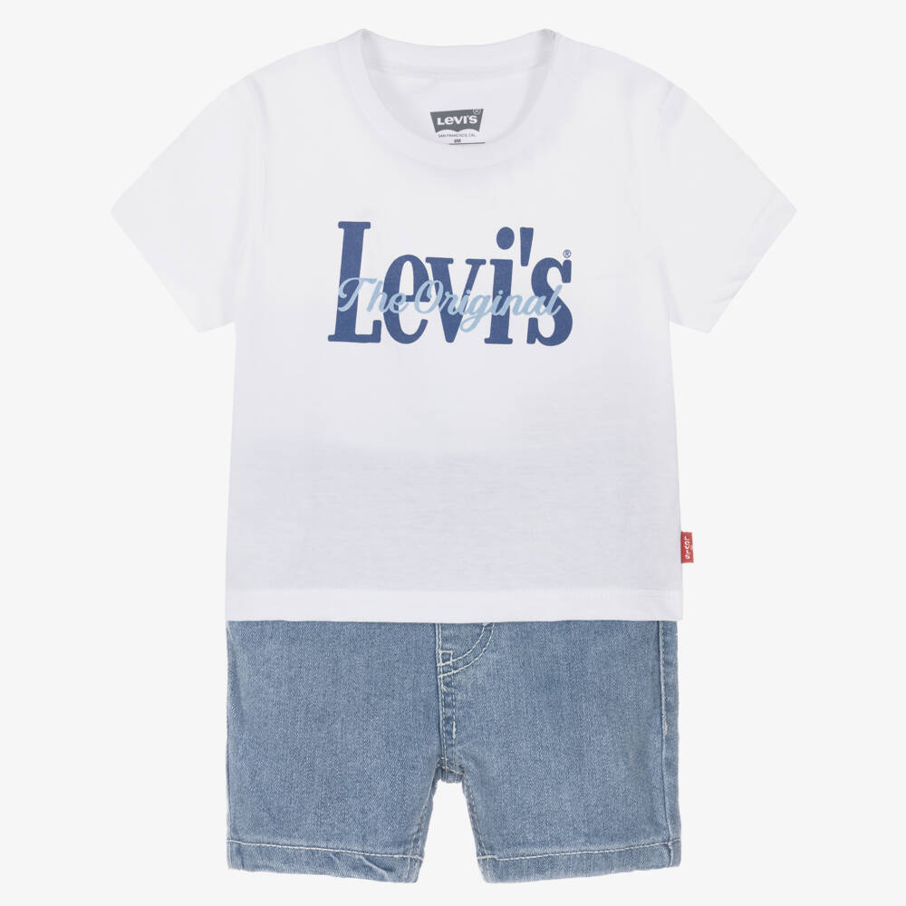 Levi's-Boys White Logo T-Shirt & Blue Denim Shorts Set | Childrensalon