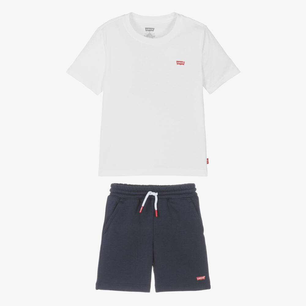 Levi's-Boys White & Navy Blue Logo Shorts Set | Childrensalon