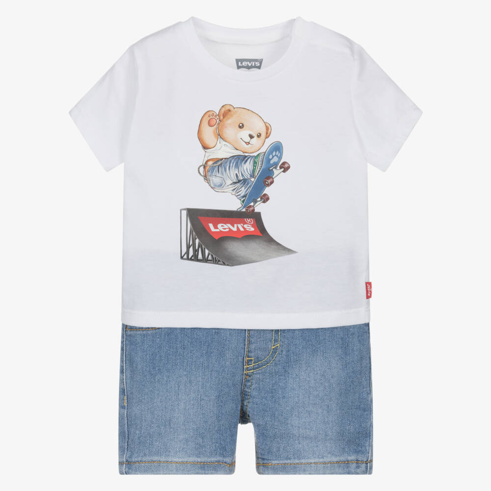 Levi's-Boys White T-Shirt & Blue Denim Shorts Set | Childrensalon
