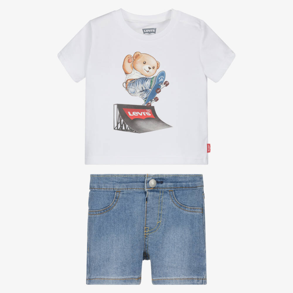 Levi's-Boys White T-Shirt & Blue Denim Shorts Set | Childrensalon