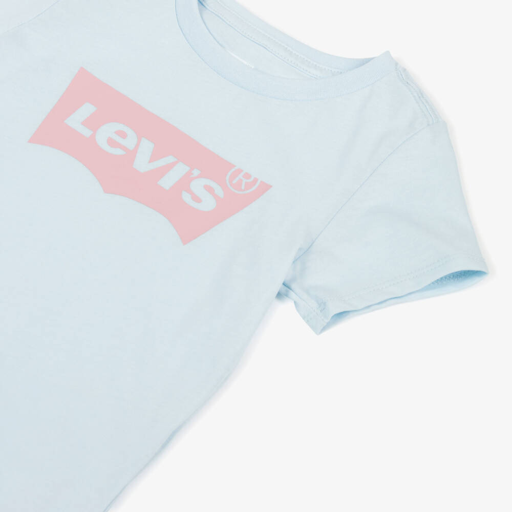 Levi's-Girls Blue Cotton T-Shirt with Pink Batwing Logo | Childrensalon