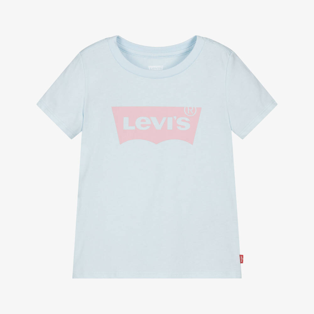 Levi's-Girls Blue Cotton T-Shirt with Pink Batwing Logo | Childrensalon
