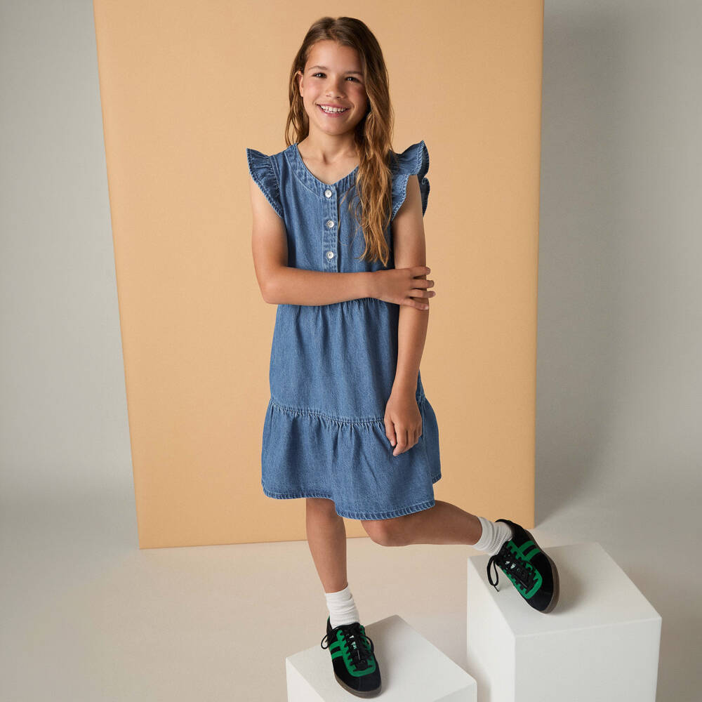 Levi's-Girls Blue Denim Tiered Dress with Ruffle Sleeves | Childrensalon