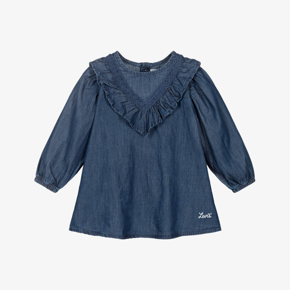 Levi's-Girls Dark Blue Chambray Dress with Ruffle Trim | Childrensalon