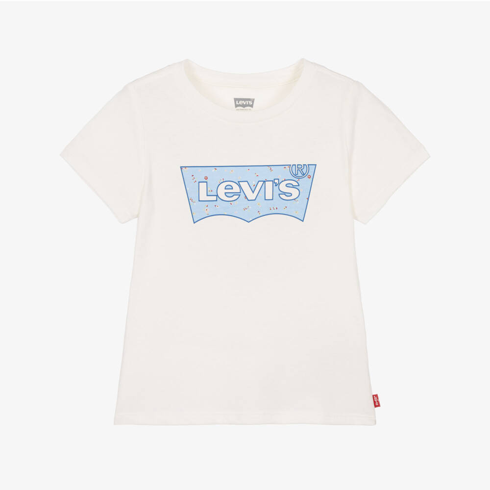 Levi's-Girls Ivory T-Shirt with Floral Batwing Logo | Childrensalon