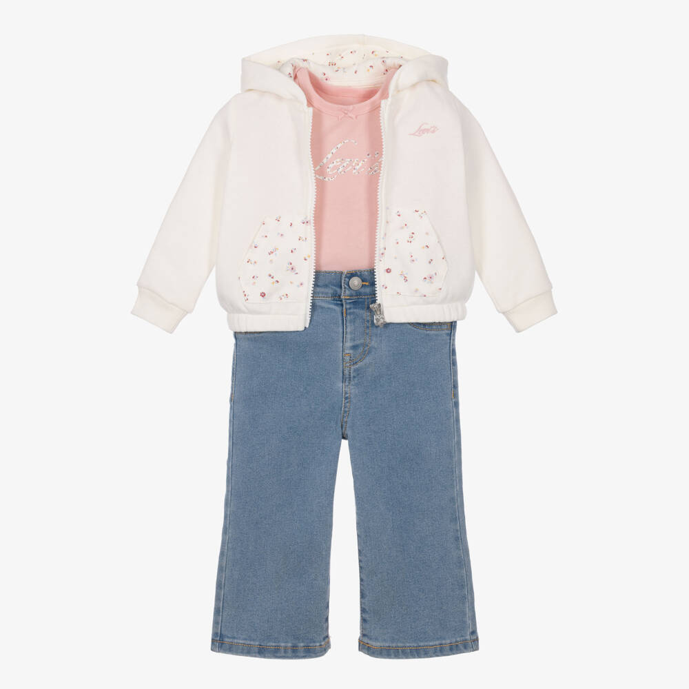Levi's-Girls Ivory Zip-up Hoodie & Blue Jeans Set | Childrensalon