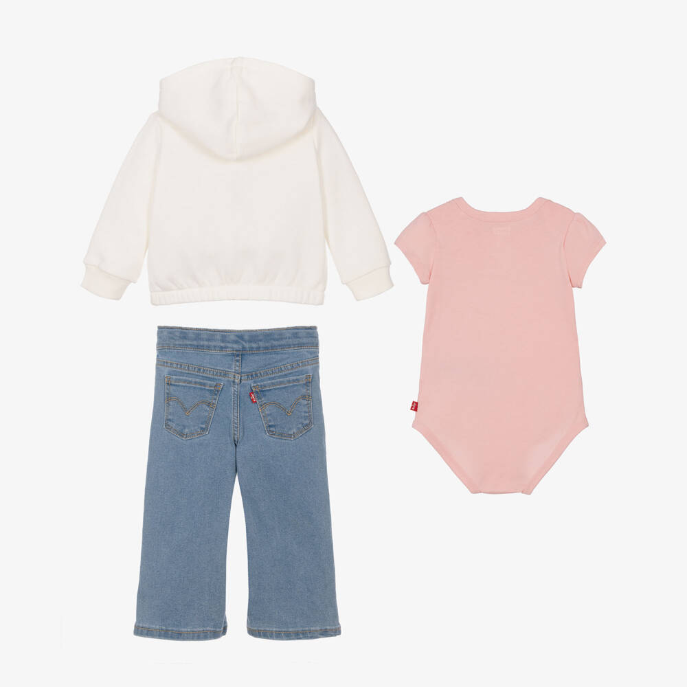 Levi's-Girls Ivory Zip-up Hoodie & Blue Jeans Set | Childrensalon