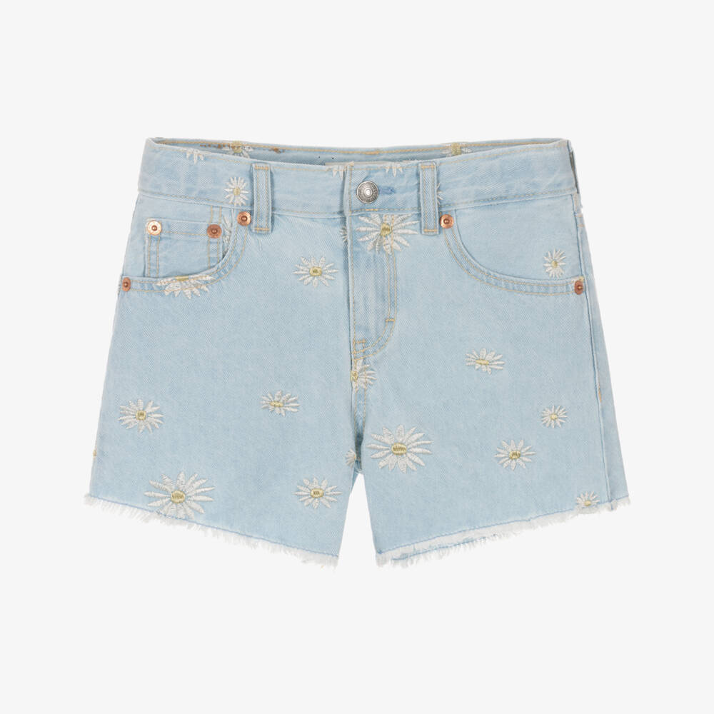 Levi's-Girls Light Blue Embroidered Daisy Shorts | Childrensalon