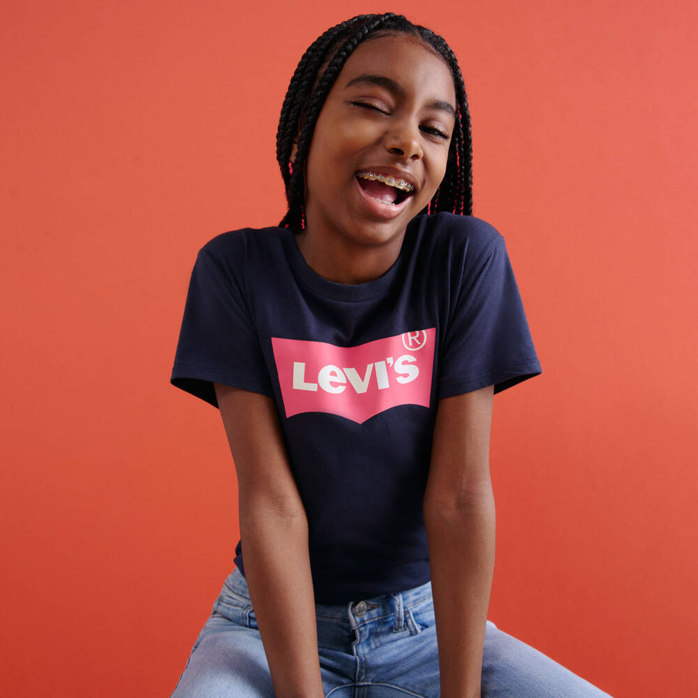 Levi's-Girls Navy Blue Cotton T-Shirt with Batwing Logo | Childrensalon