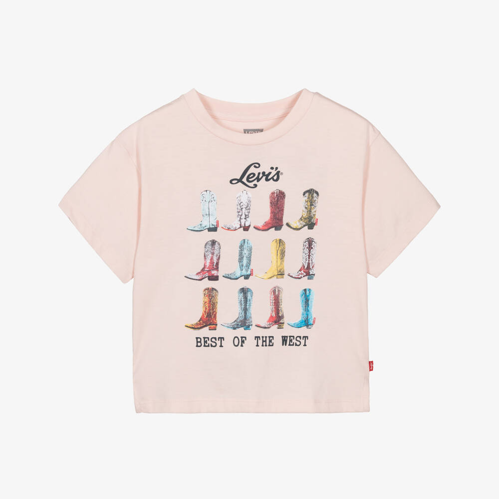 Levi's-Girls Pastel Pink Jersey T-Shirt with Cowboy Boot Print | Childrensalon