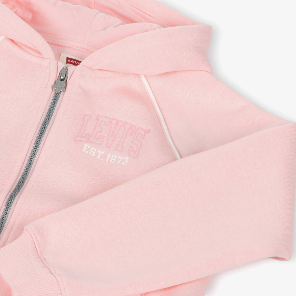 Levi's-Girls Pink Cotton Hooded Zip-Up Top with Appliqué Logo | Childrensalon