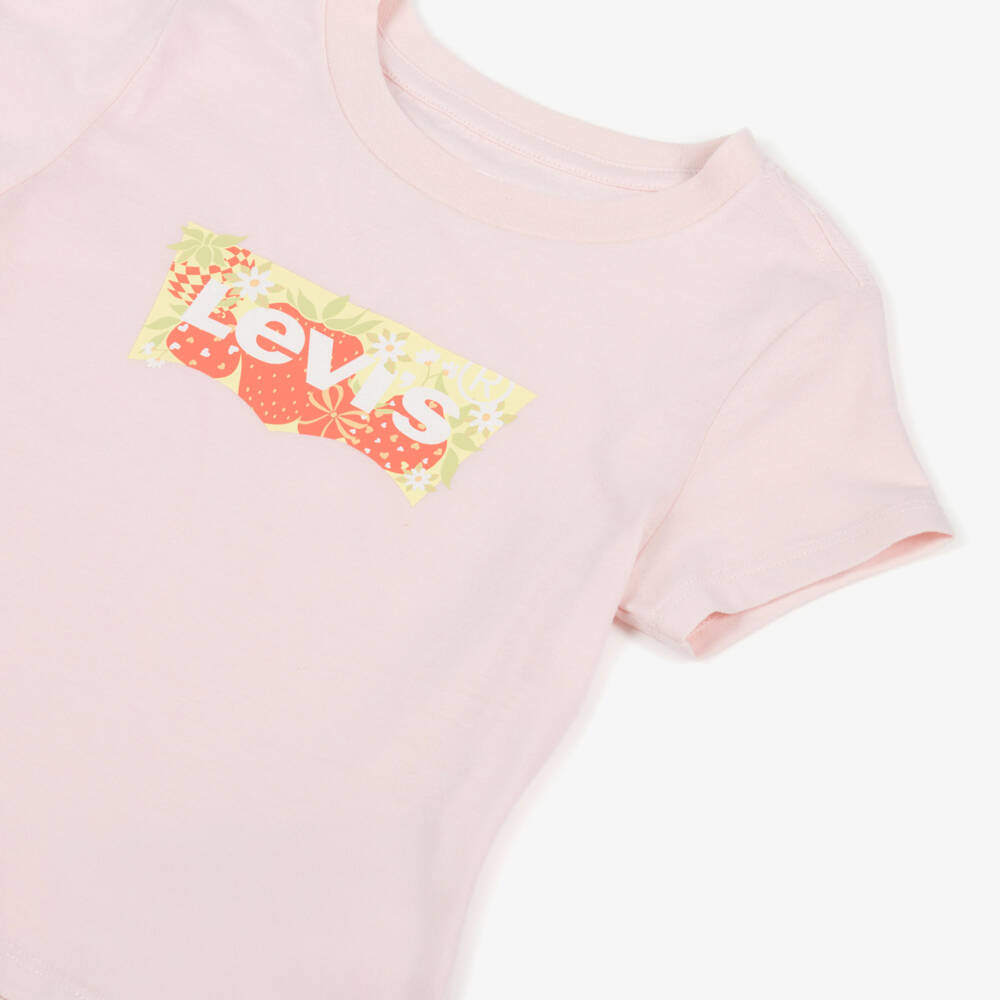 Levi's-Girls Pink Cotton T-Shirt with Strawberry Batwing Logo | Childrensalon