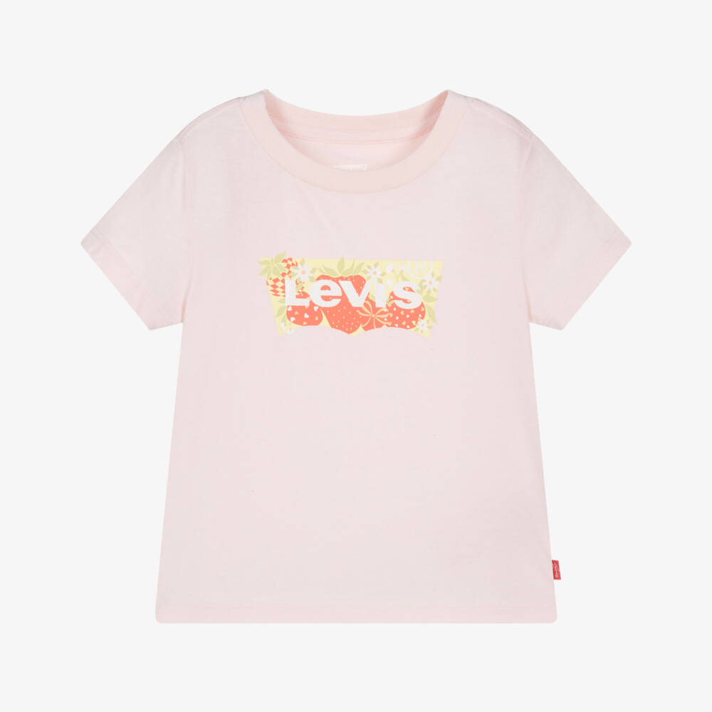 Levi's-Girls Pink Cotton T-Shirt with Strawberry Batwing Logo | Childrensalon