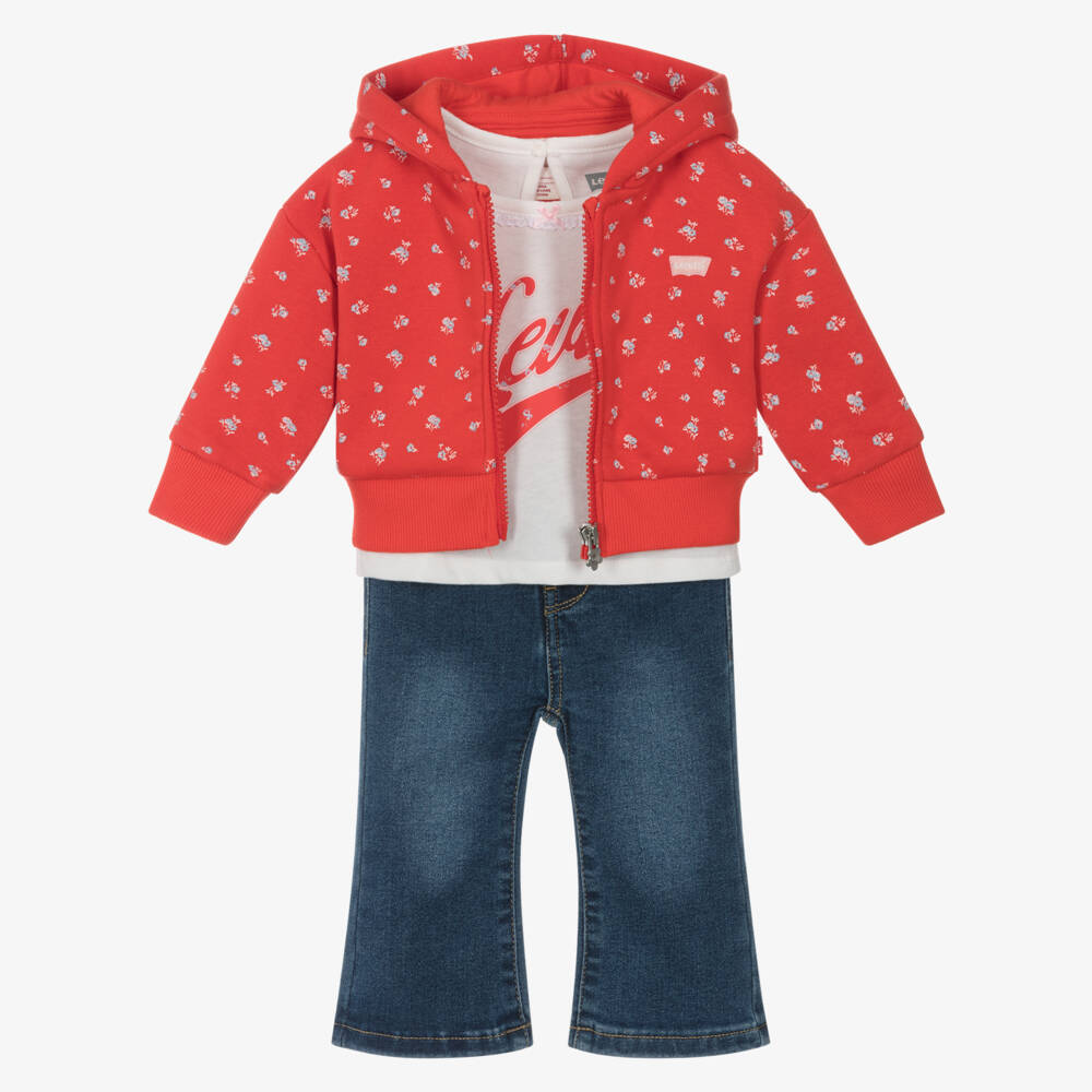 Levi's-Girls Red Floral & Blue Denim Jeans Set | Childrensalon