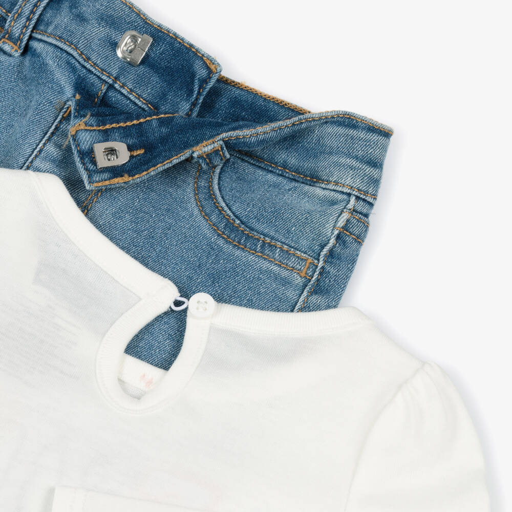 Levi's-Girls White & Blue Trouser Set with Floral Embroidery | Childrensalon