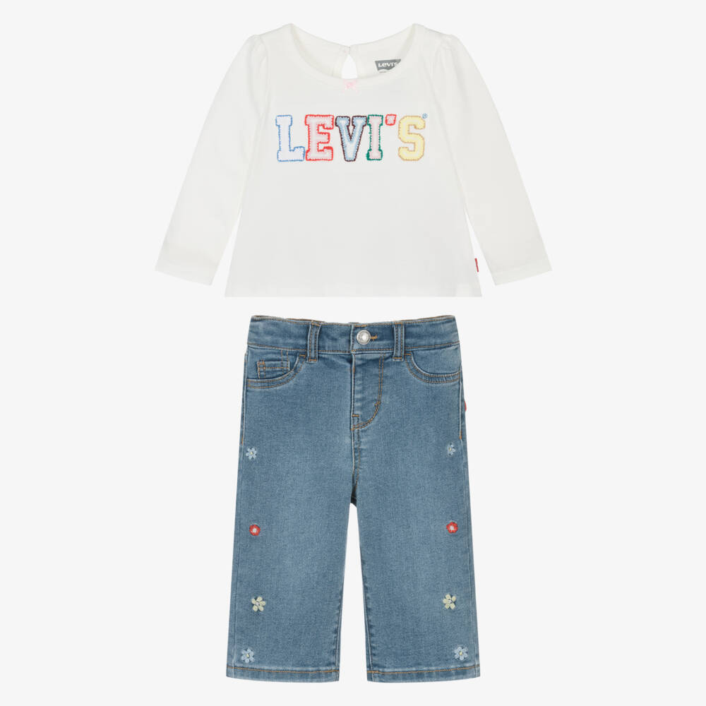 Levi's-Girls White & Blue Trouser Set with Floral Embroidery | Childrensalon