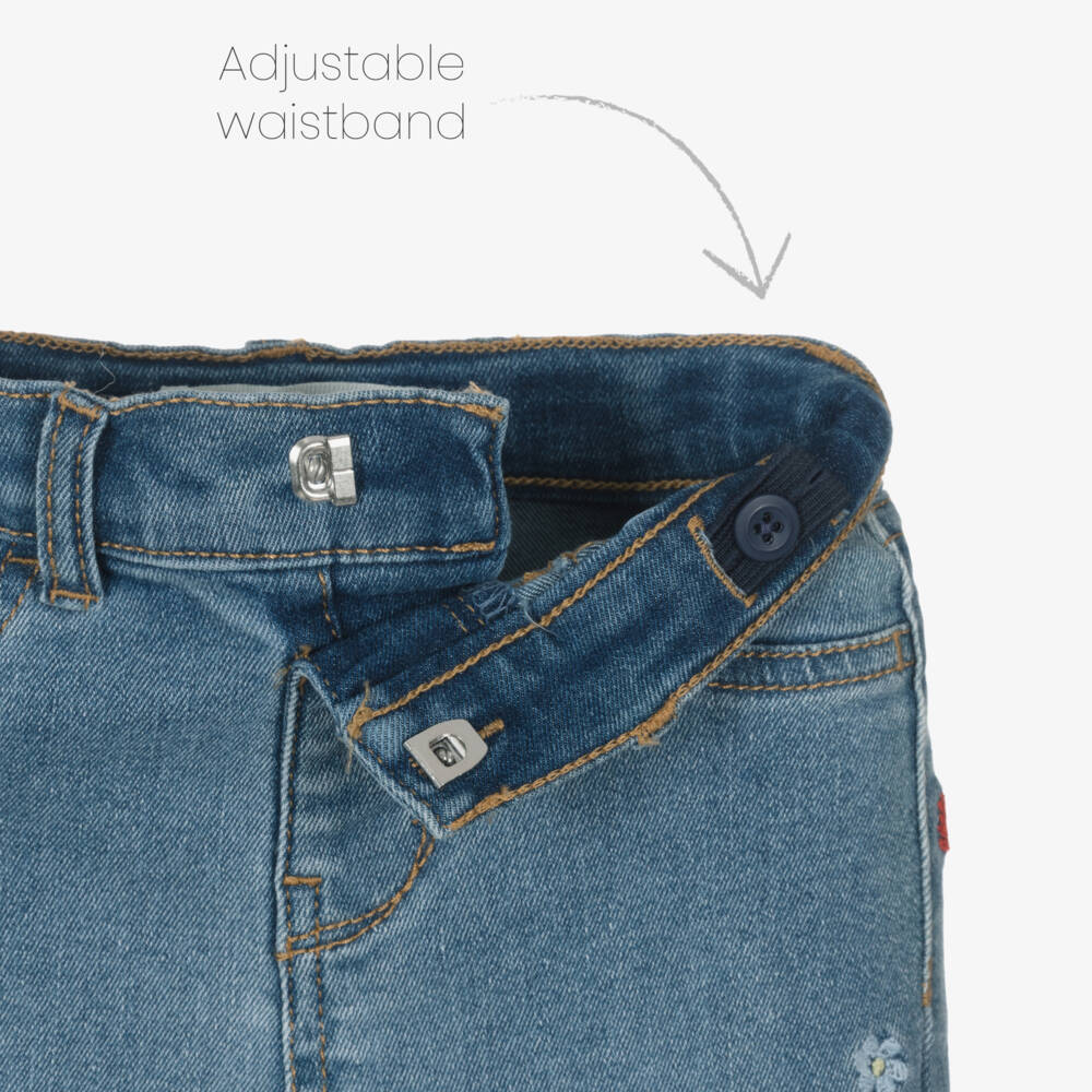 Levi's-Girls White & Blue Trouser Set with Floral Embroidery | Childrensalon