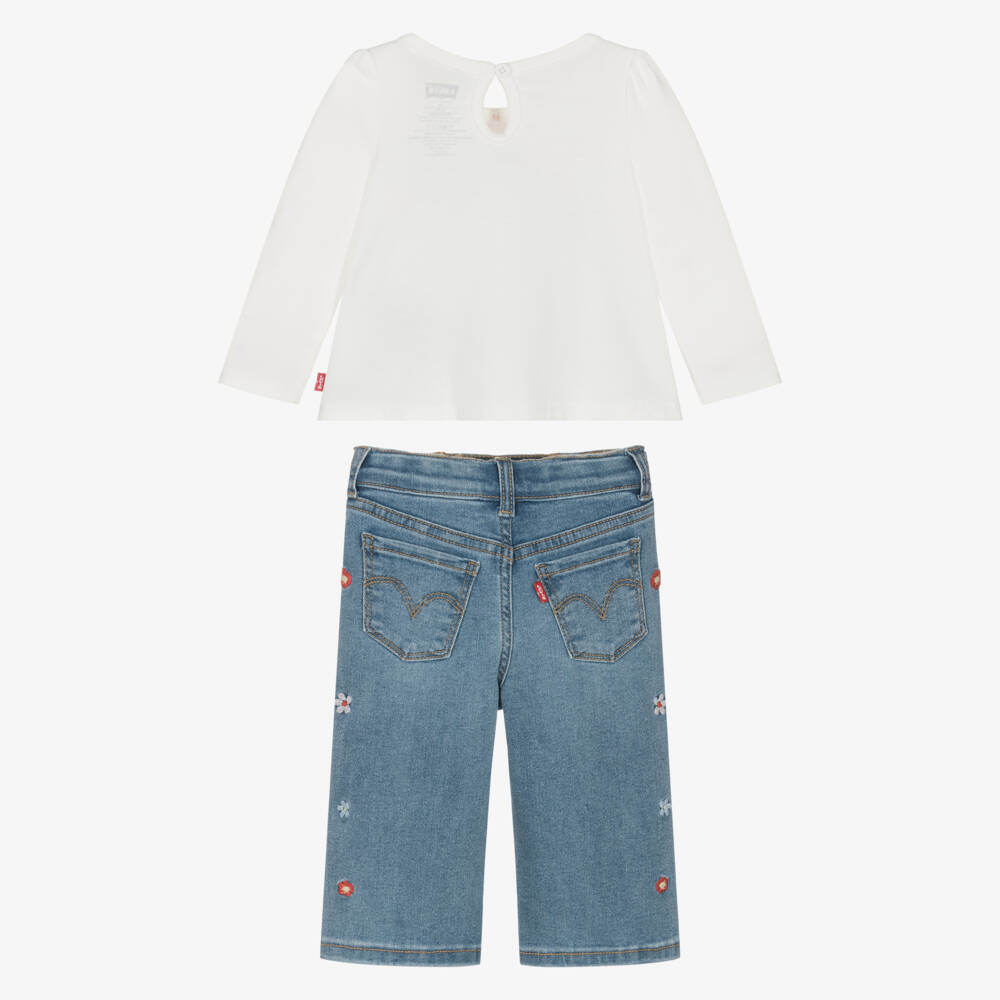 Levi's-Girls White & Blue Trouser Set with Floral Embroidery | Childrensalon