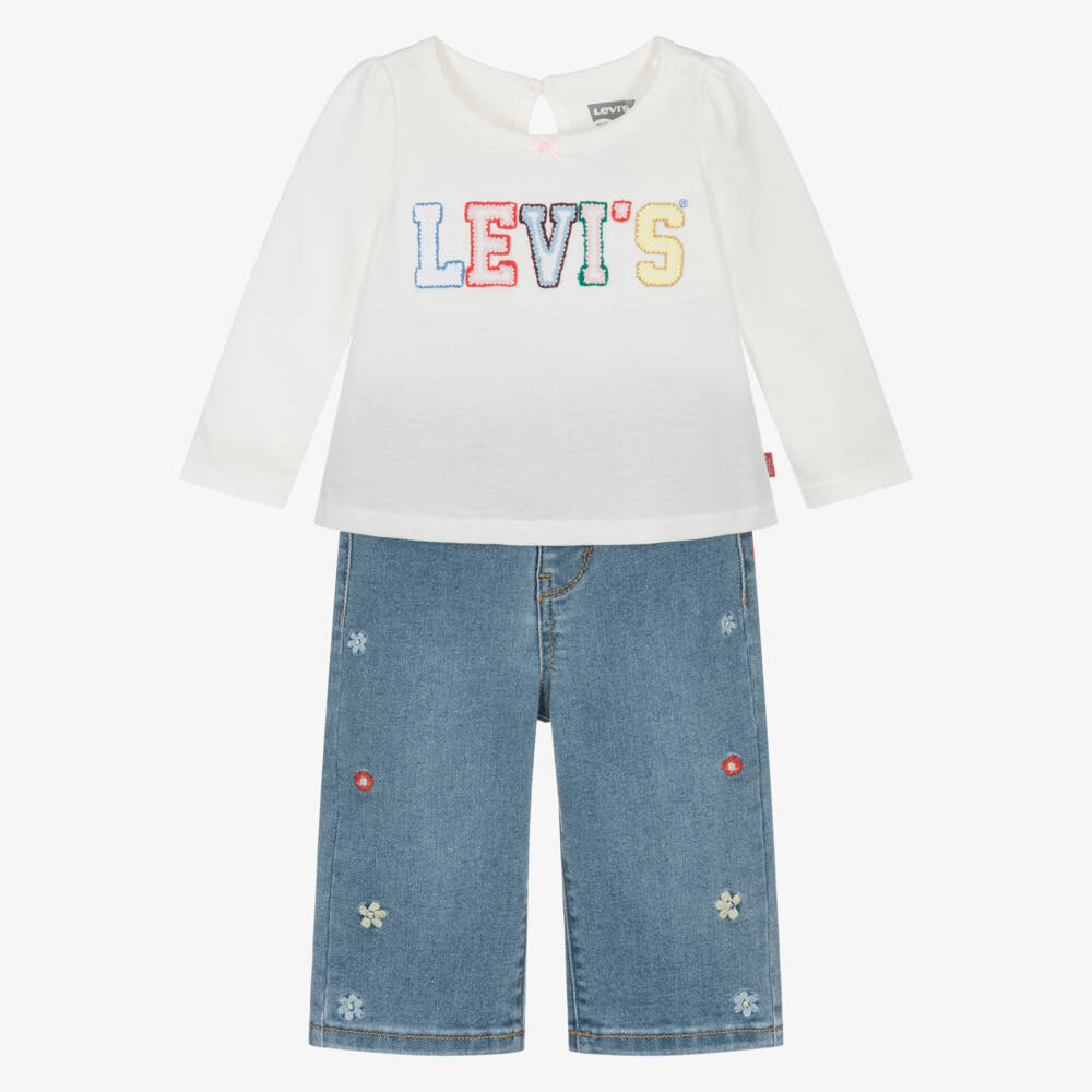Levi's-Girls White & Blue Trouser Set with Floral Embroidery | Childrensalon