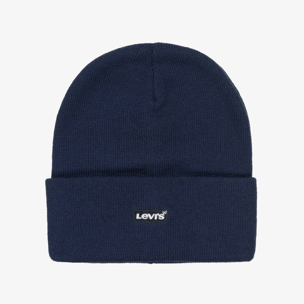 Levi's-Navy Blue Knitted Beanie with Embroidered Batwing Logo | Childrensalon