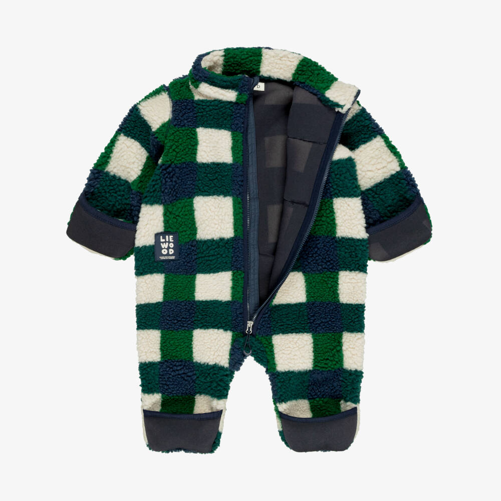 Liewood-Baby Boys Green Check Fleece Pramsuit | Childrensalon