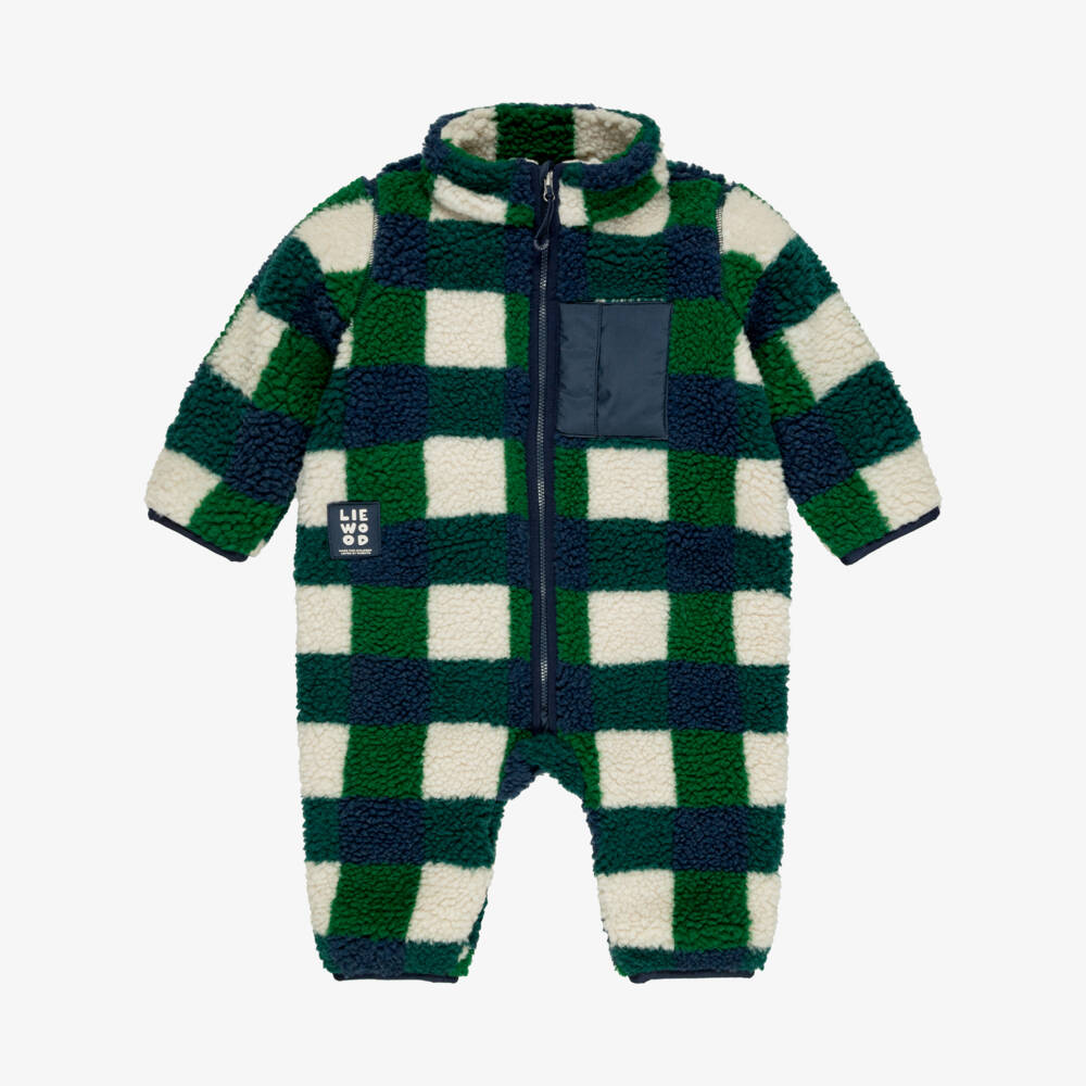 Liewood-Baby Boys Green Check Fleece Pramsuit | Childrensalon