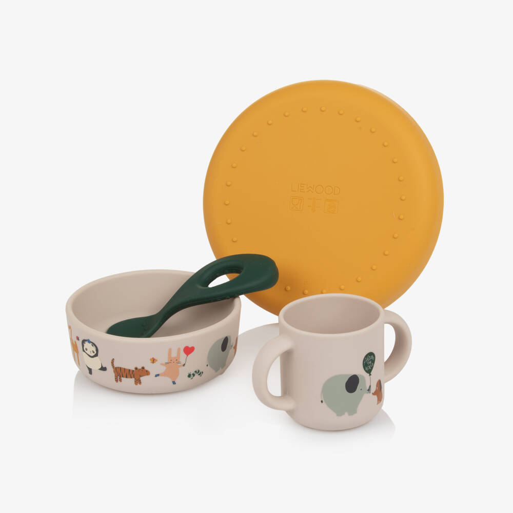 Liewood-Beige Animal Print Silicone Tableware Set (4 pieces) | Childrensalon