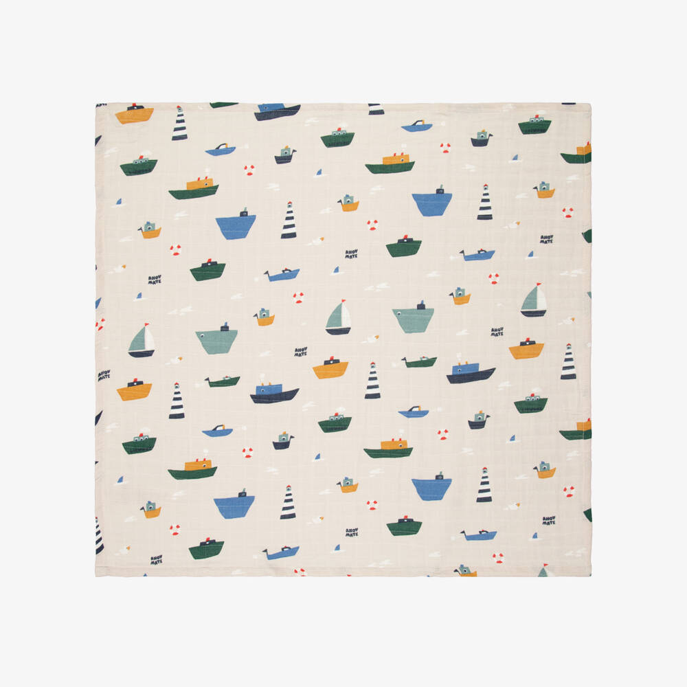 Liewood-Beige & Blue Boat Print Organic Cotton Muslins (2 Pack) | Childrensalon