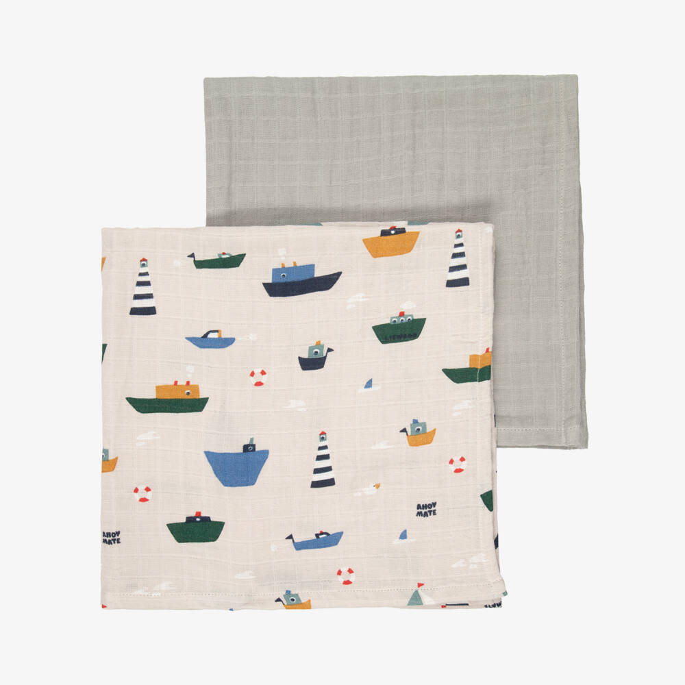 Liewood-Beige & Blue Boat Print Organic Cotton Muslins (2 Pack) | Childrensalon