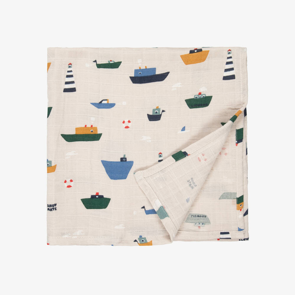 Liewood-Beige & Blue Boat Print Organic Cotton Muslins (2 Pack) | Childrensalon