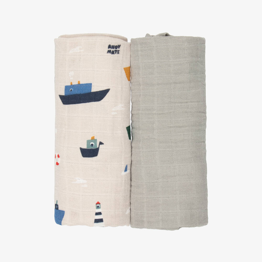 Liewood-Beige & Blue Boat Print Organic Cotton Muslins (2 Pack) | Childrensalon