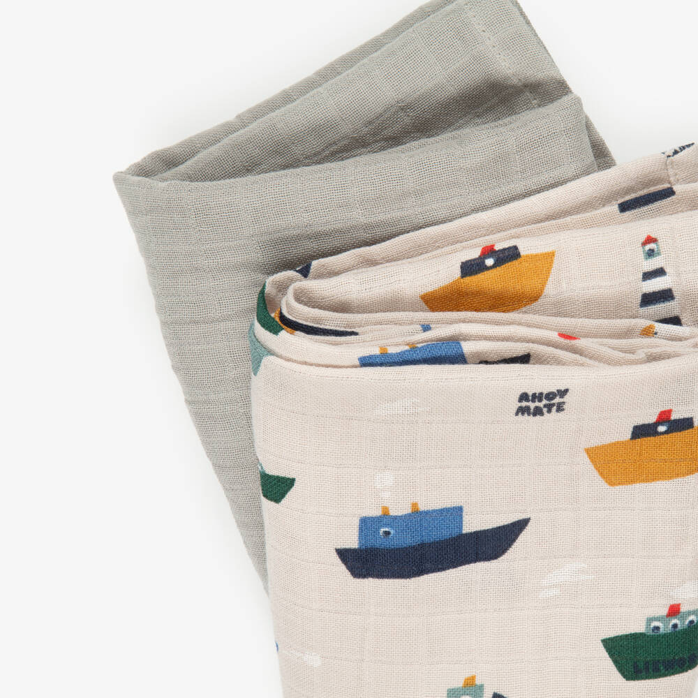 Liewood-Beige & Blue Boat Print Organic Cotton Muslins (2 Pack) | Childrensalon