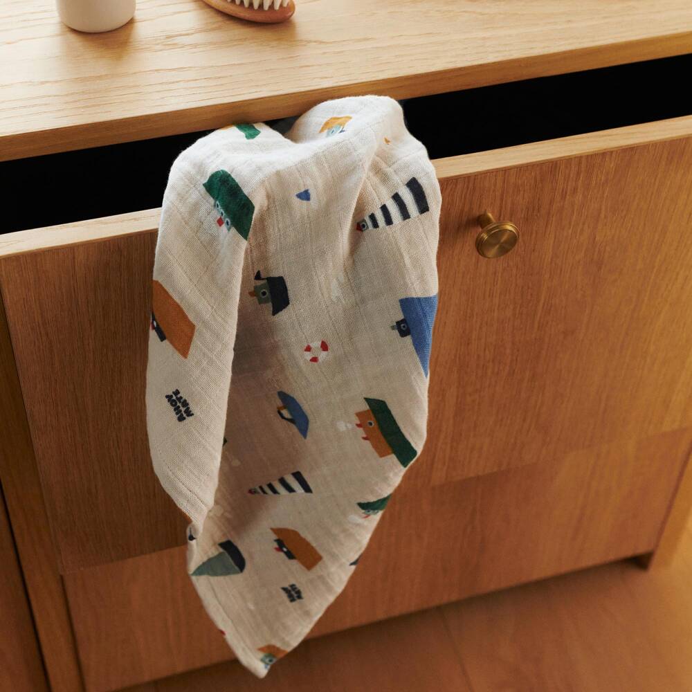 Liewood-Beige & Blue Boat Print Organic Cotton Muslins (2 Pack) | Childrensalon