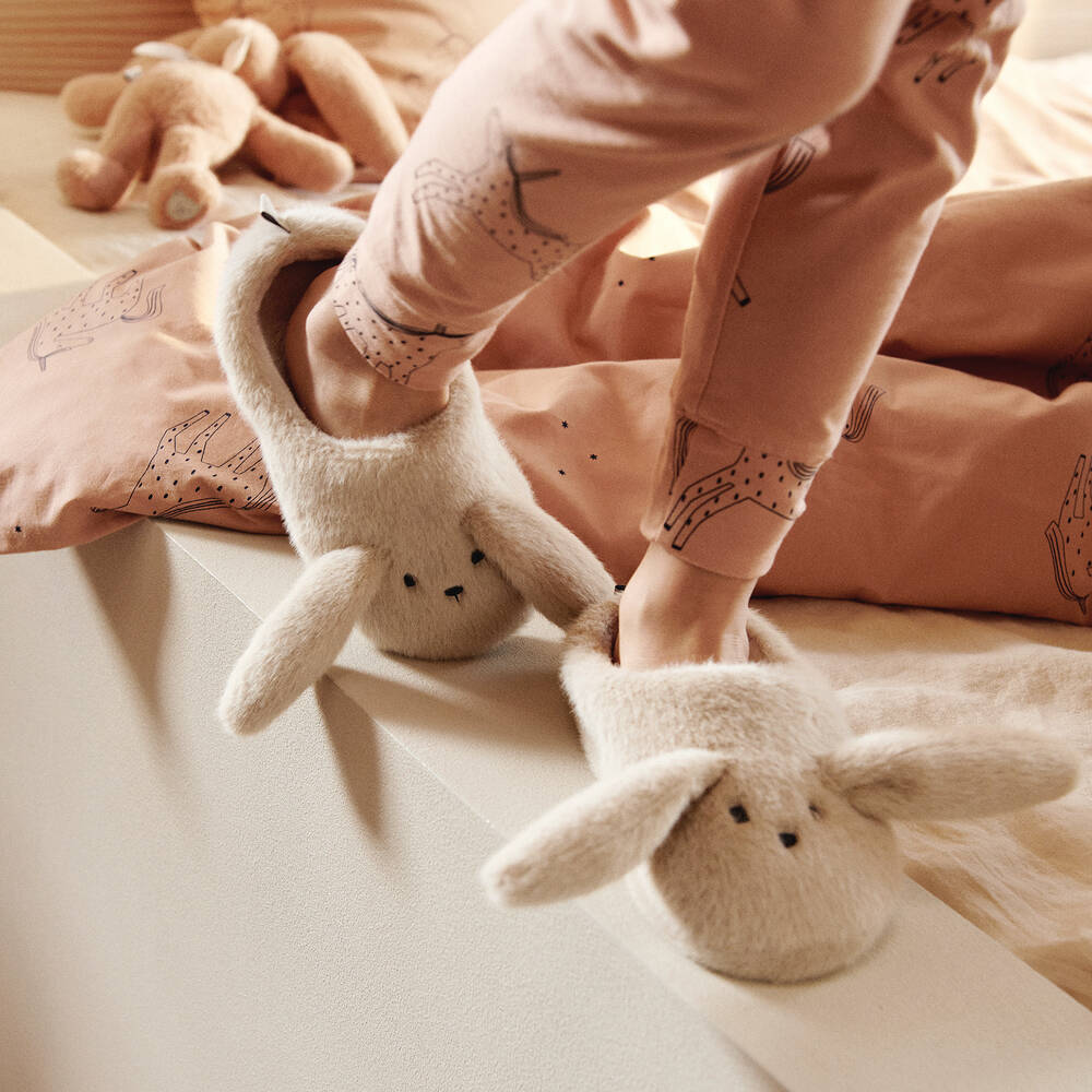 Liewood-Beige Faux Fur Bunny Rabbit Slippers | Childrensalon
