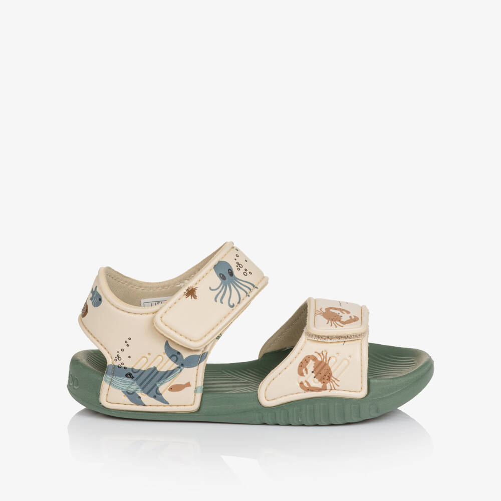 Liewood-Beige & Green Sandals with Sea Creature Print | Childrensalon