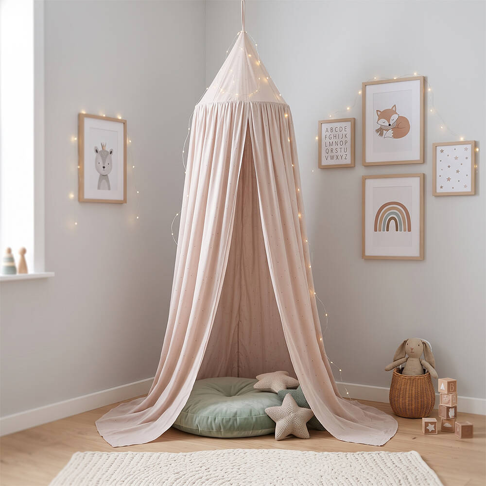 Liewood-Beige Organic Cotton Star Print Canopy (200cm) | Childrensalon