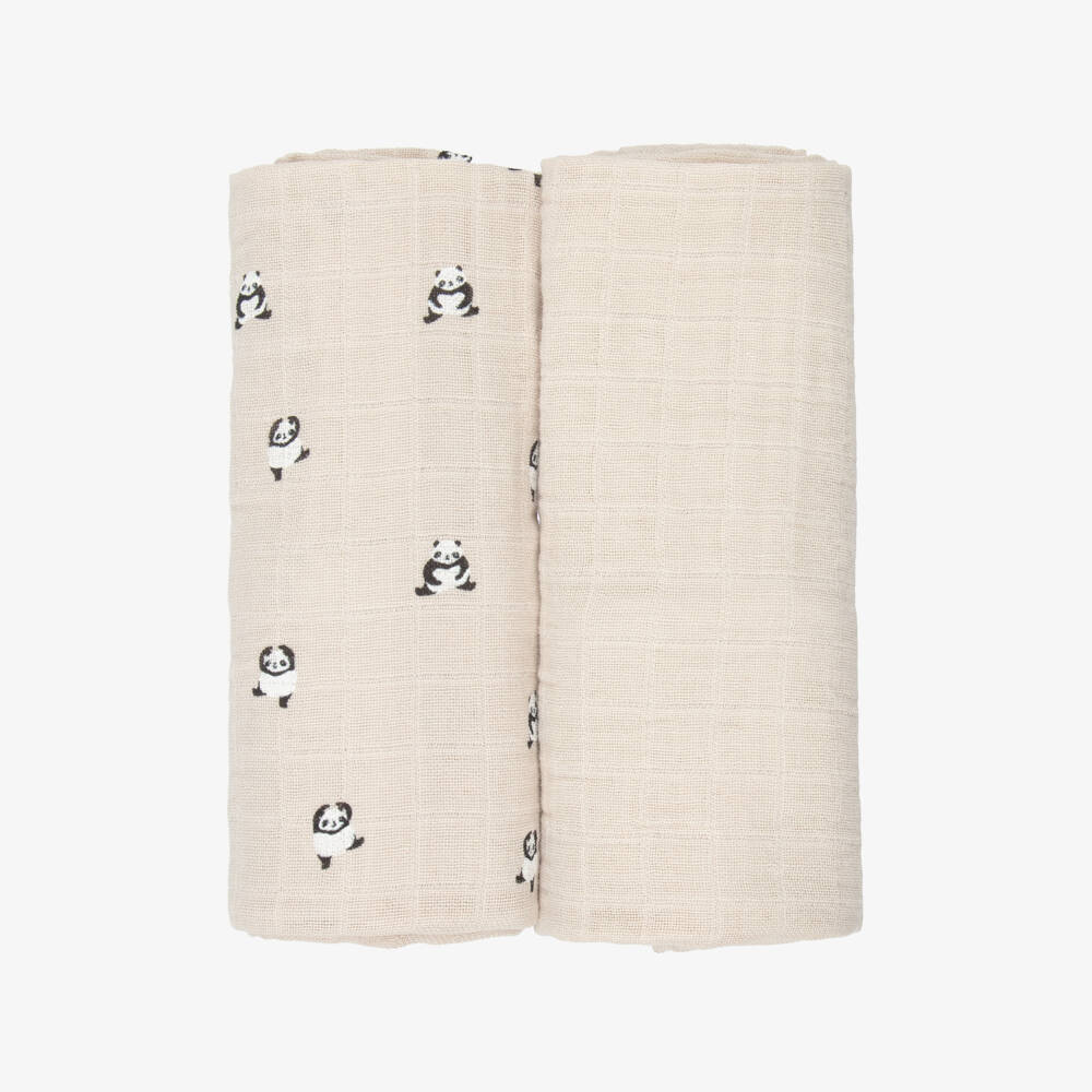 Liewood-Beige Panda Print Organic Cotton Muslins (2 Pack) | Childrensalon