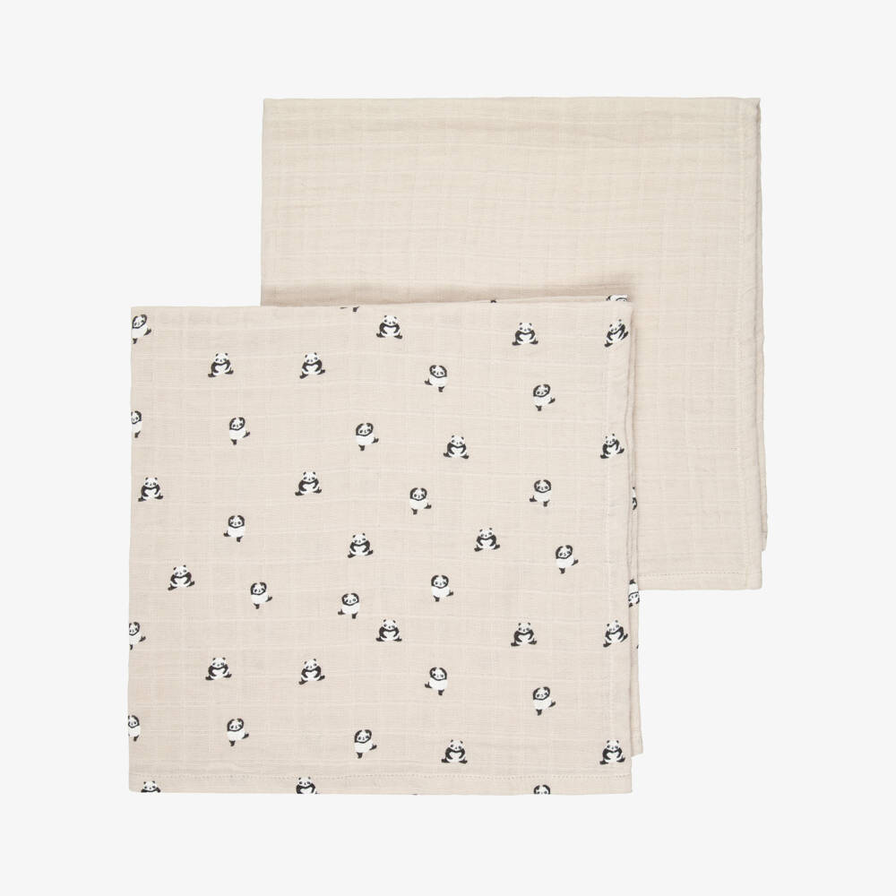 Liewood-Beige Panda Print Organic Cotton Muslins (2 Pack) | Childrensalon