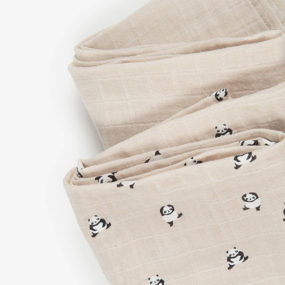 Liewood-Beige Panda Print Organic Cotton Muslins (2 Pack) | Childrensalon